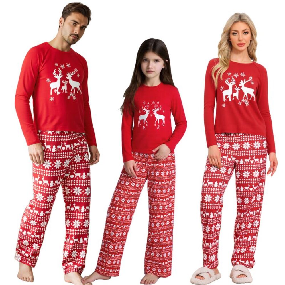cheibear Kids Christmas Deer Long Sleeves 2 Piece Xmas Pajama Sets Red